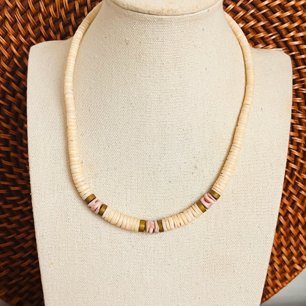 VTG Shell Heishi Necklace Pink Accent Shell Brass Spacer Coastal Boho 15” Choker
